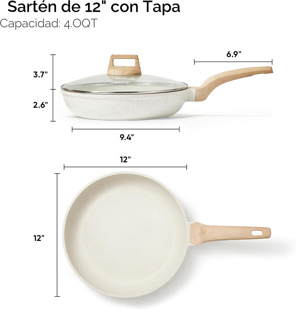CAROTE Sartén antiadherente, sartén blanca crema de 12 pulgadas con...