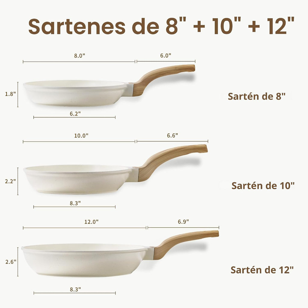 CAROTE Juego de 3 sartenes antiadherentes, color blanco crema | Sar...