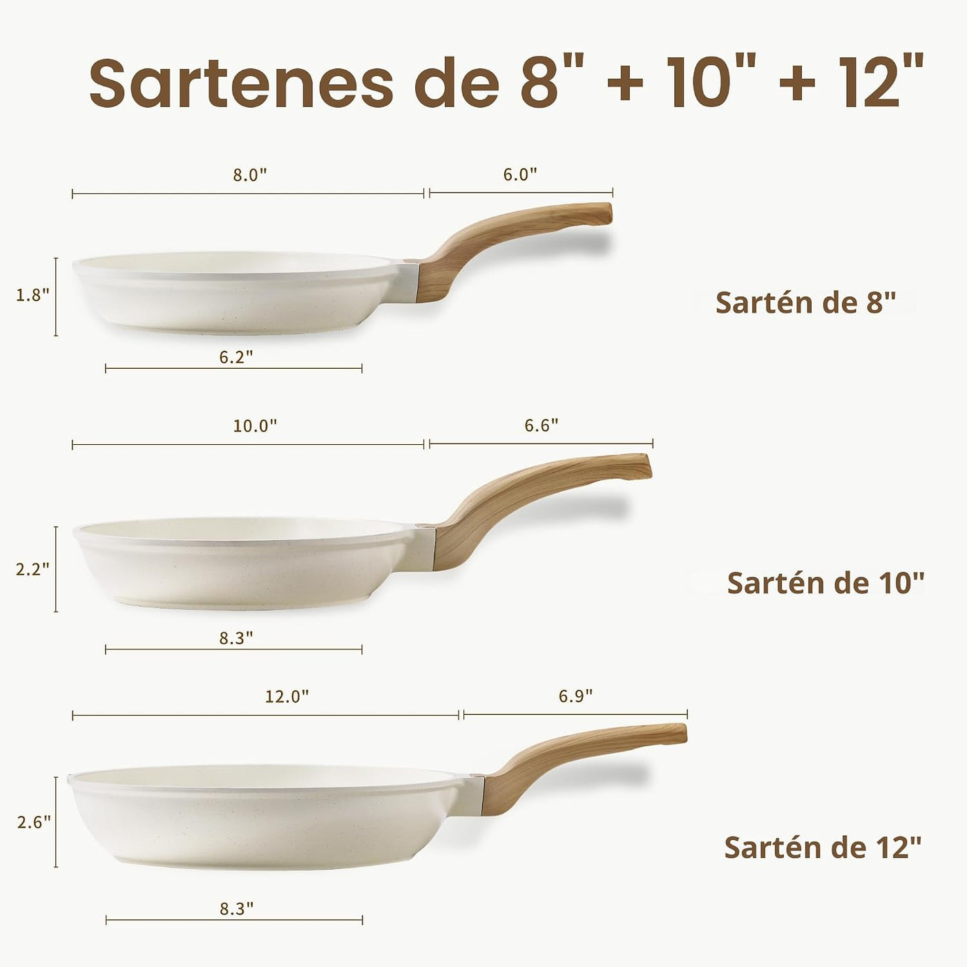 CAROTE Juego de 3 sartenes antiadherentes, color blanco crema | Sar...