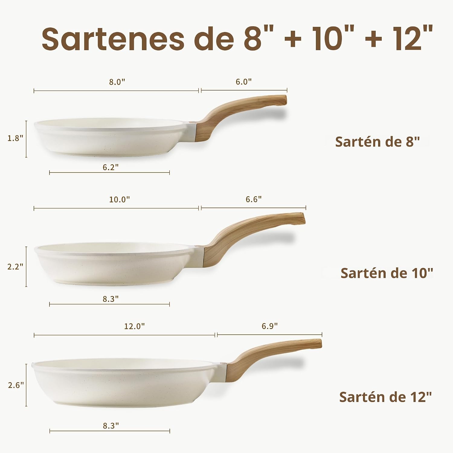 CAROTE Juego de 3 sartenes antiadherentes, color blanco crema | Sar...