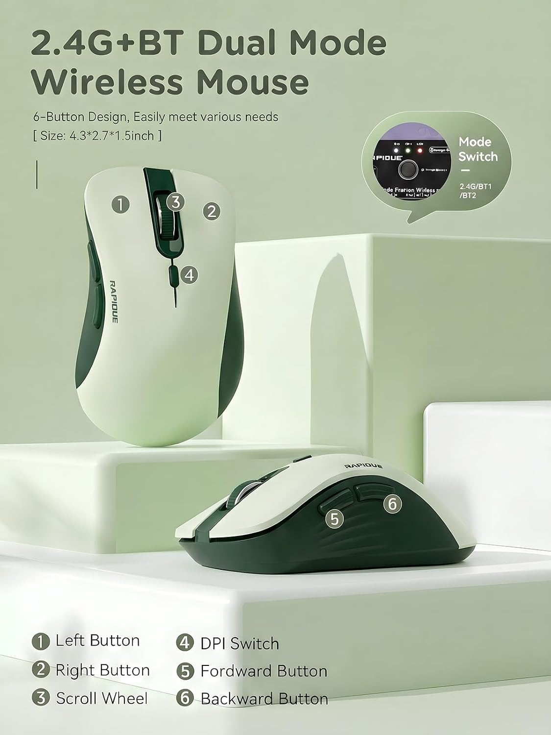 RAPIQUE Ratón inalámbrico Bluetooth, Bluetooth dual y 2.4 GHz, verd...