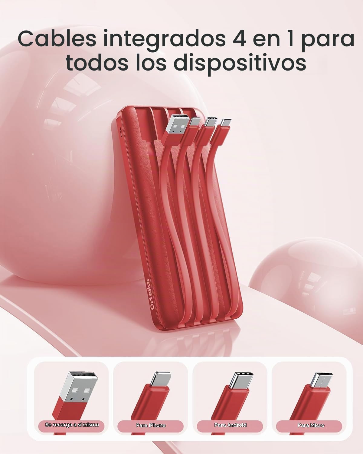 Orfeika Banco de energía de 20000 mAh, cargador portátil con 4 cabl...