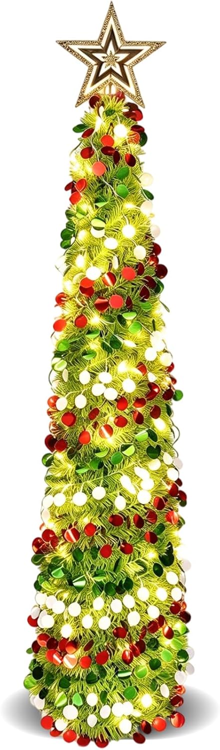 Árbol de Navidad de oropel de 5 pies con 50 luces LED cálidas, pleg...