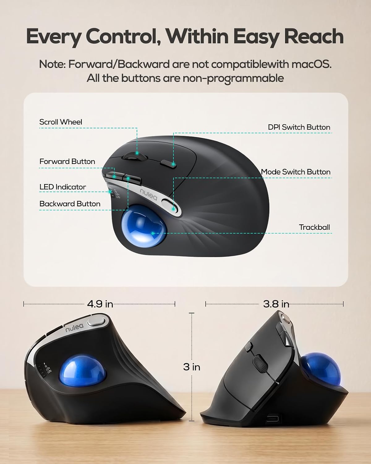 Nulea Ratón de Trackball ergonómico ergonómico controlado por el pu...