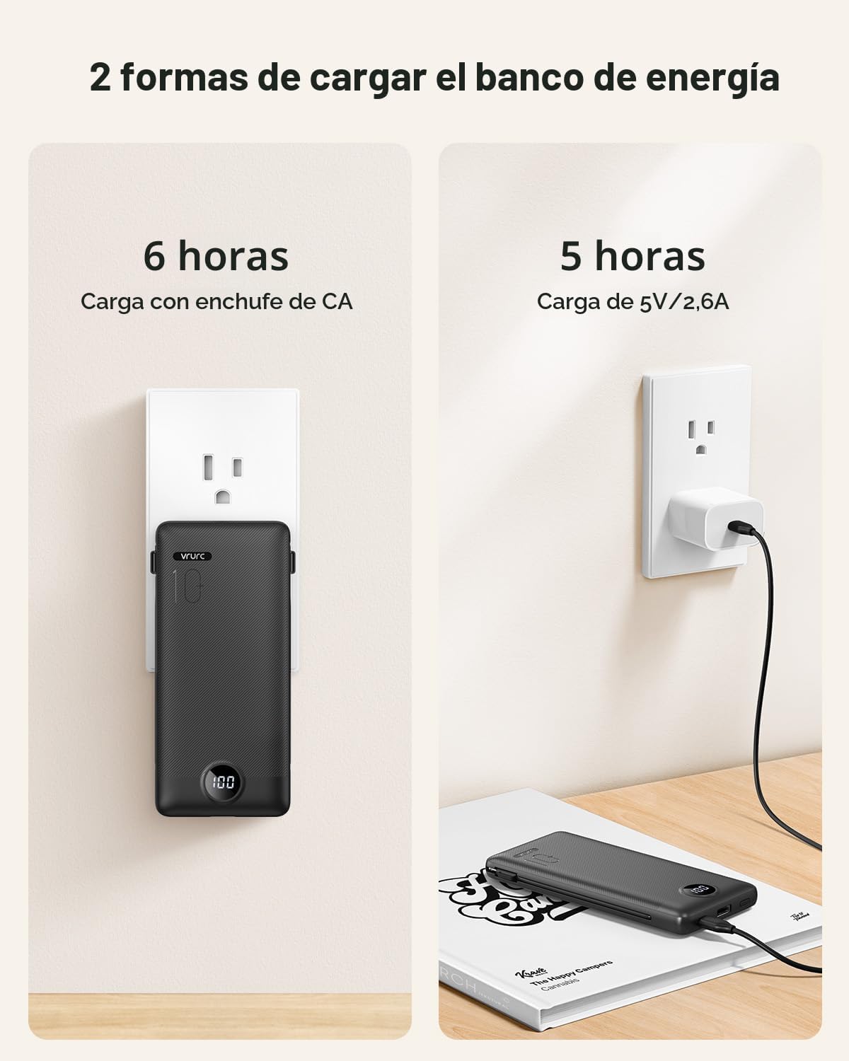 VRURC Cargador portátil, cables integrados en el banco de energía y...