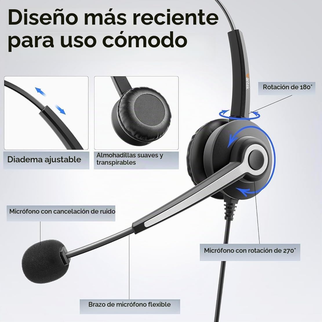 Wantek Auriculares USB con cable monoaural con micrófono de cancela...