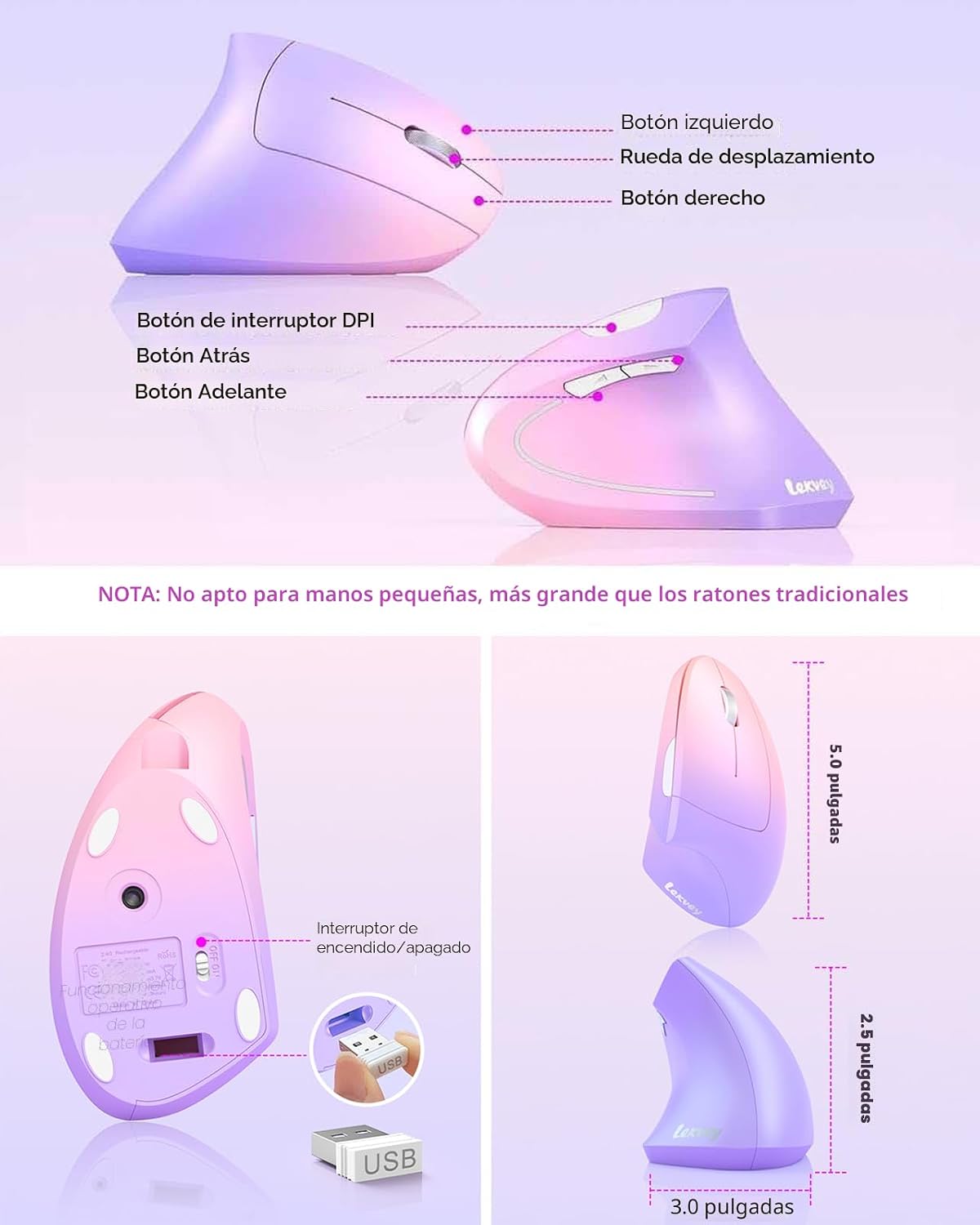Lekvey Ratón ergonómico, ratón inalámbrico vertical recargable 2.4...