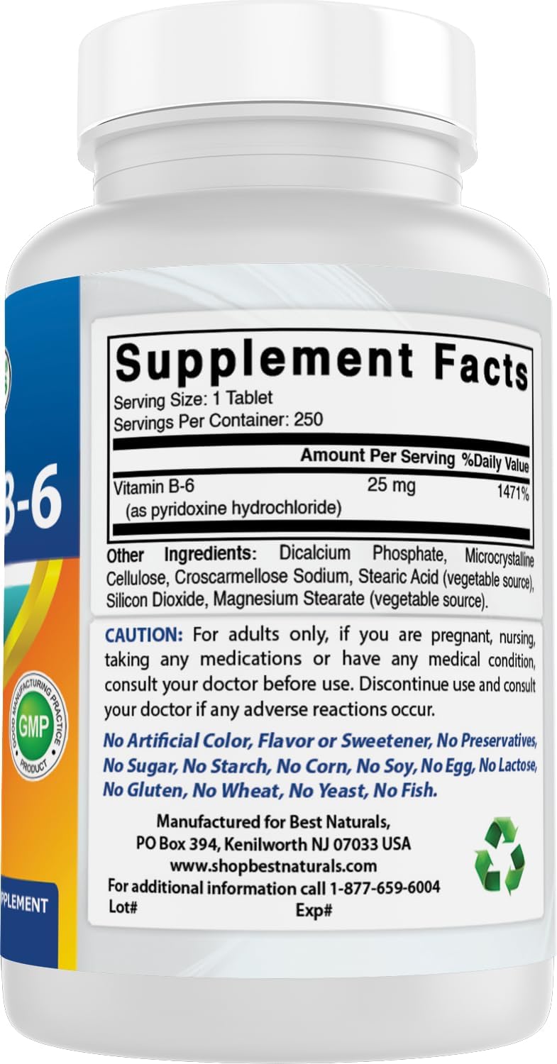 Best Naturals Vitamina B-6 25 mg comprimidos, 250 unidades (paquete...