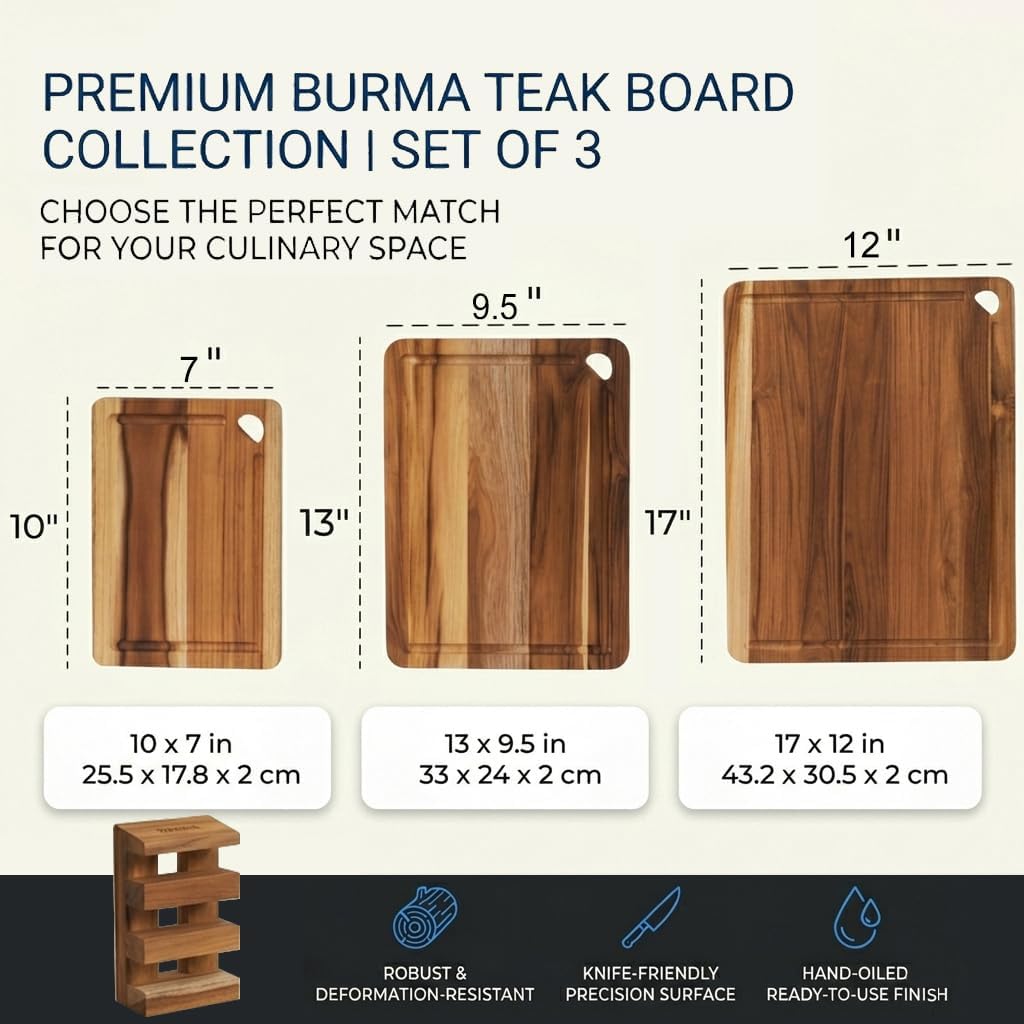 Zoutley Juego de 3 tablas de cortar de madera de teca para cocina,...
