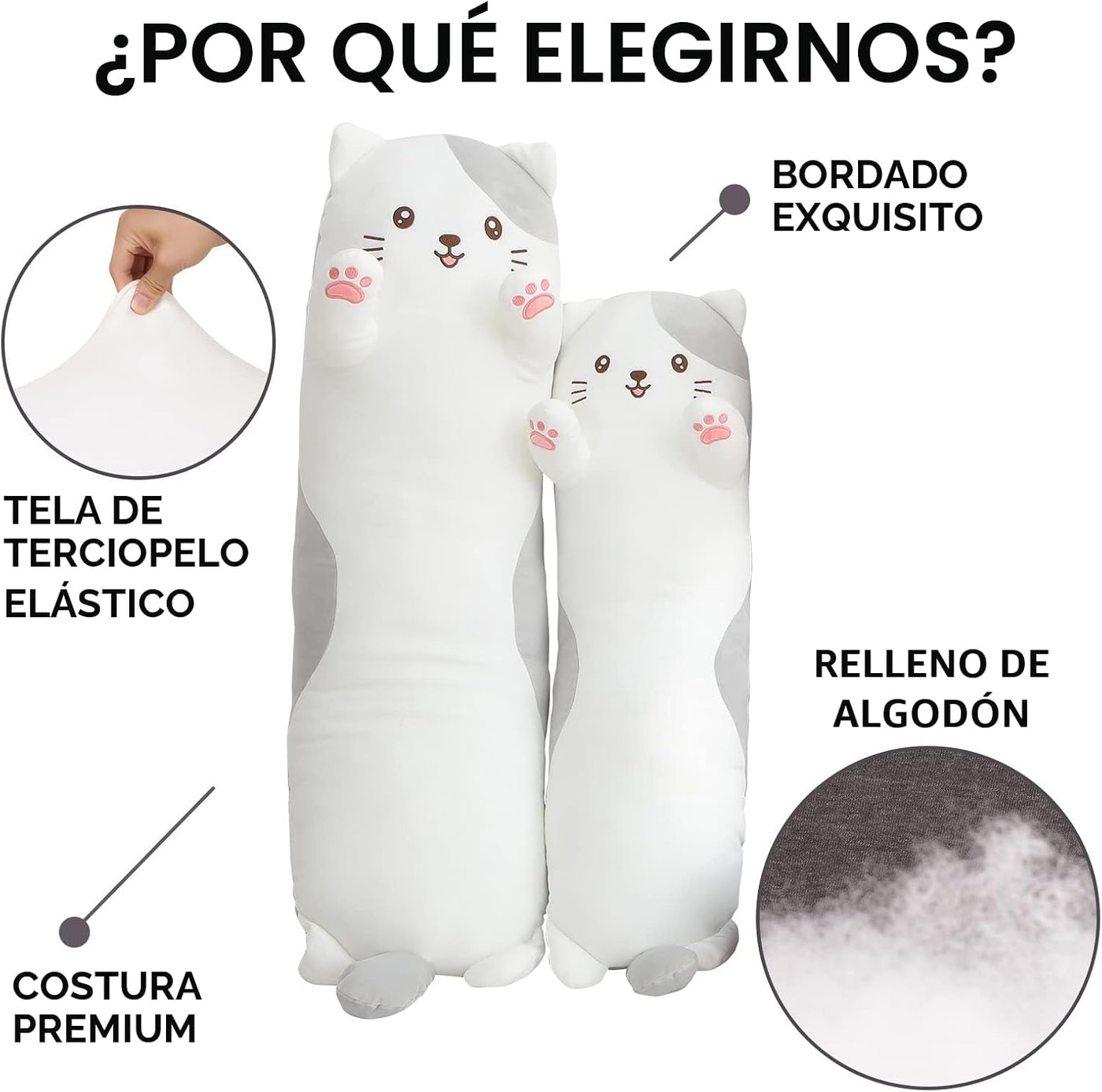 Dalmao - Muñeco de felpa de gato de 91 cm, almohada larga y suave c...