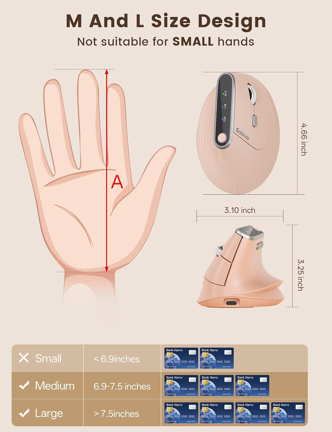 SABLUTE MAM4 - Mouse vertical ergonómico para manos M\/L, 8K DPI, d...