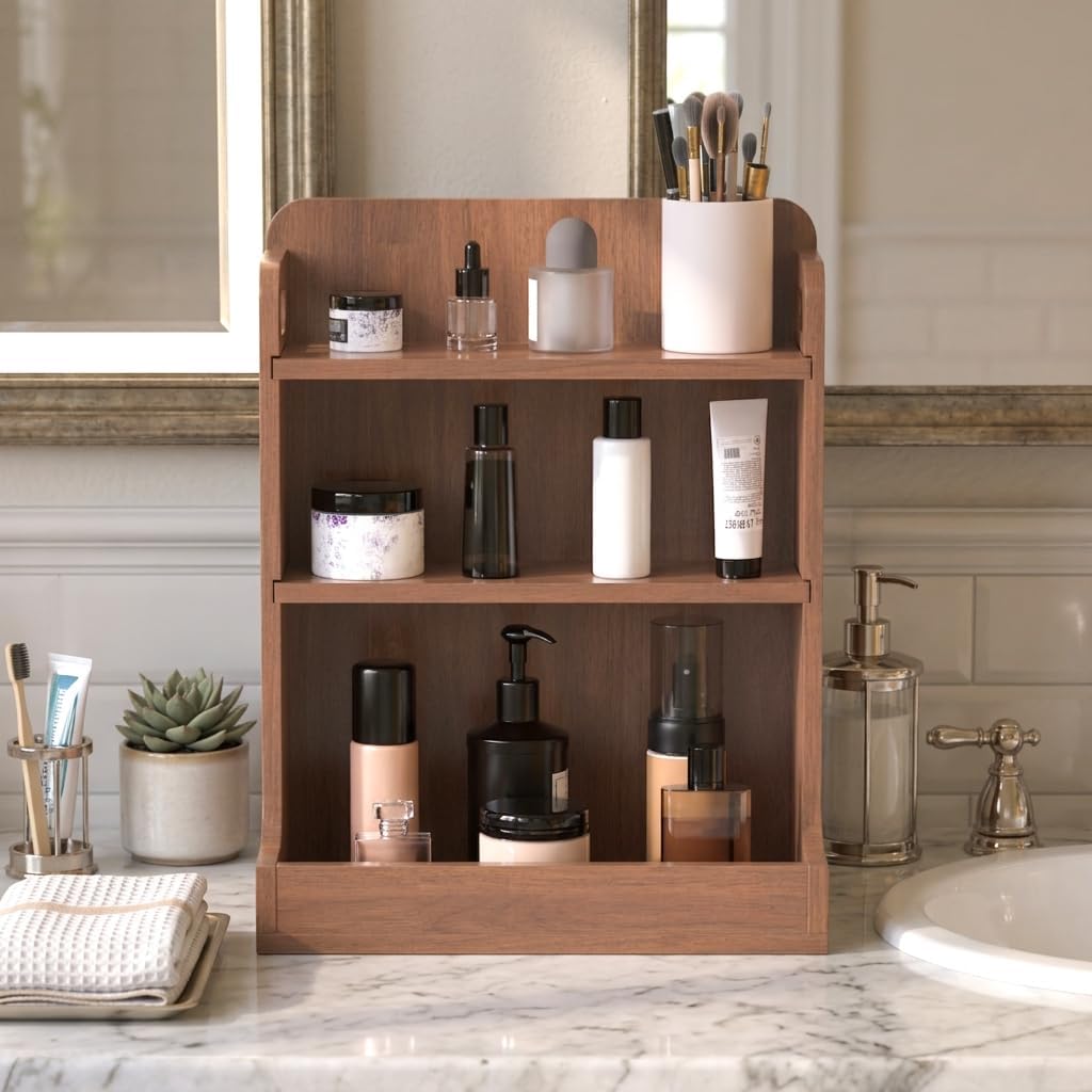 Estante de tocador para encimera organizador de baño de madera maci...