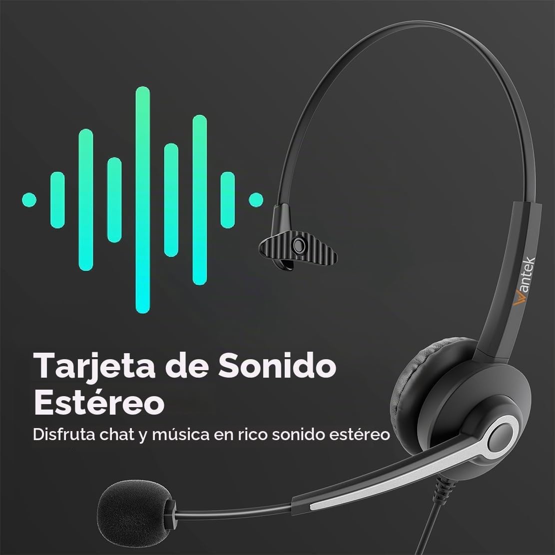 Wantek Auriculares USB con cable monoaural con micrófono de cancela...