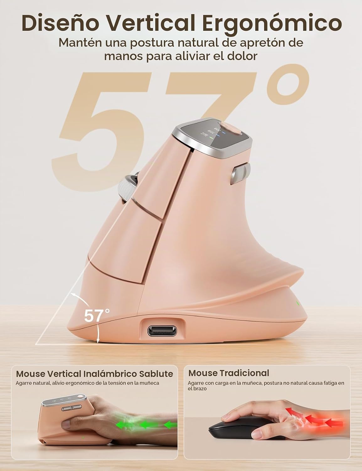 SABLUTE MAM4 - Mouse vertical ergonómico para manos M\/L, 8K DPI, d...