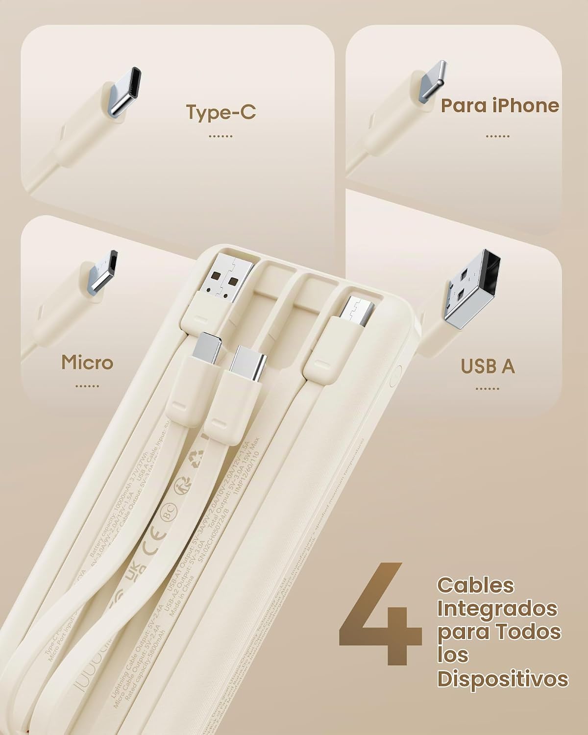 charmast Cargador portátil de carga rápida, 4 cables incorporados,...