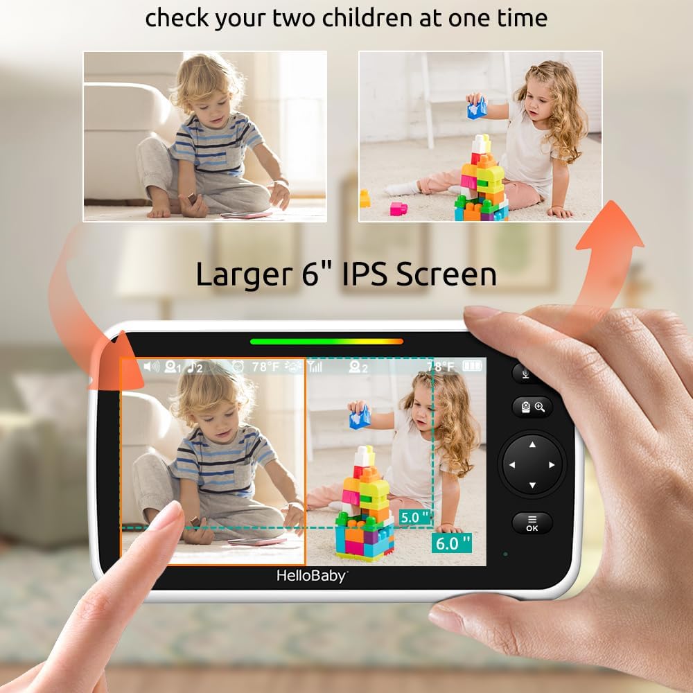 HelloBaby Monitor de bebé con 2 cámaras, pantalla dividida de 6 pul...