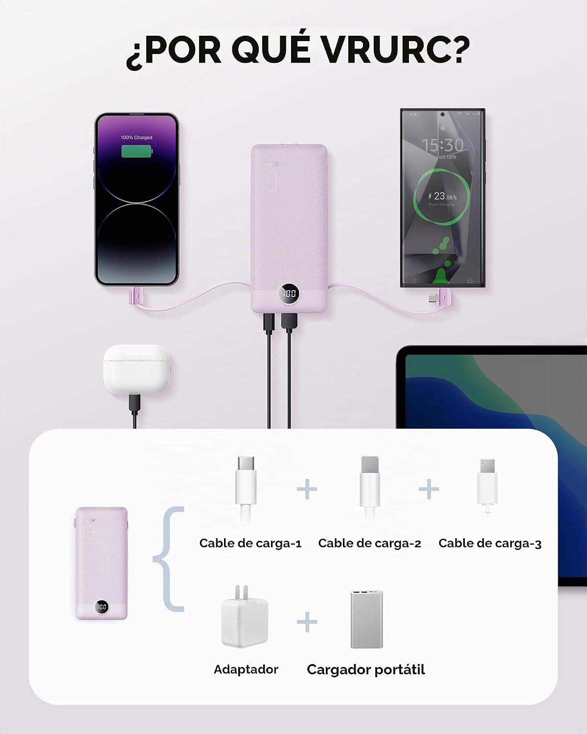 VRURC Cargador portátil, cables integrados en el banco de energía y...