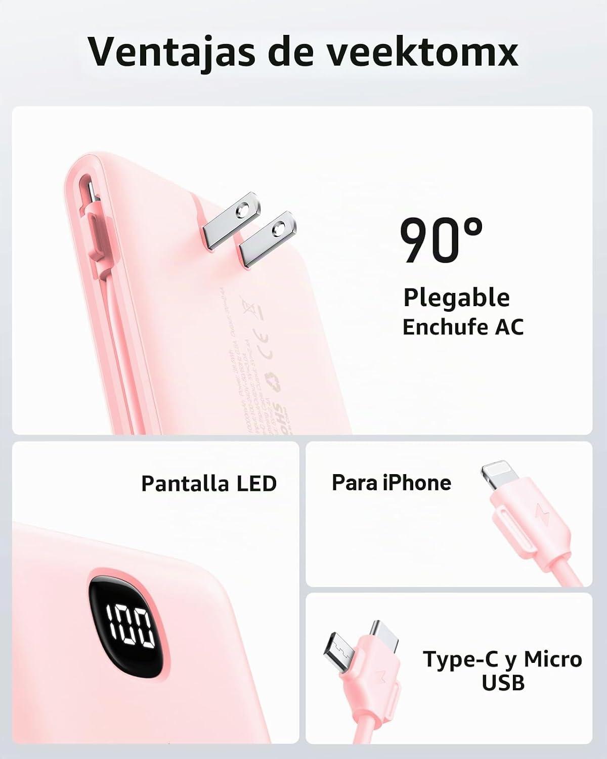 Cargador portátil VEEKTOMX de 10000 mAh con cables integrados y enc...
