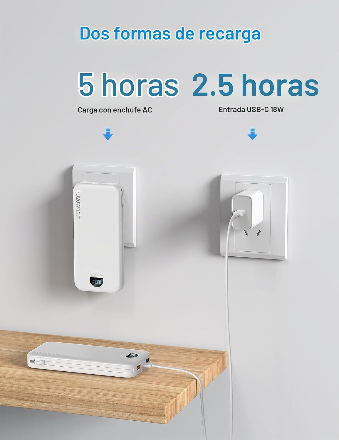 Ffnpua Cargador portátil Power Bank 10000mAh PD20W con cables incor...