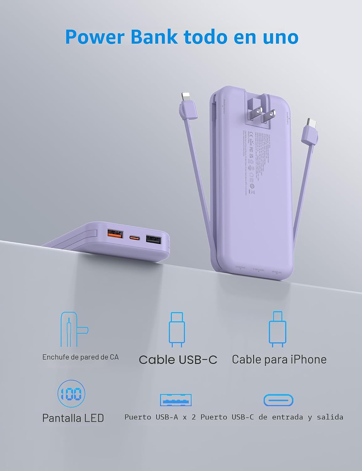 Cargador portátil Ffnpua Power Bank 10000mAh PD20W con cables incor...