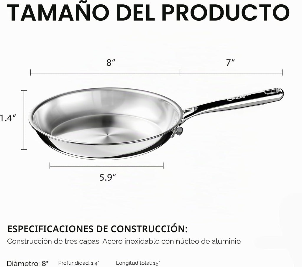 COOKER KING Sartén de acero inoxidable de 8 pulgadas, sartén pequeñ...