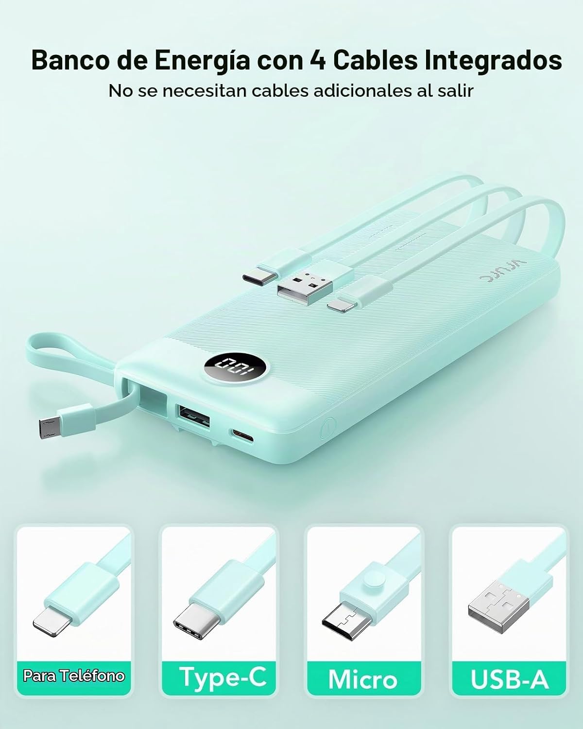 VRURC Cargador portátil, banco delgado de energía incorporado 4 cab...