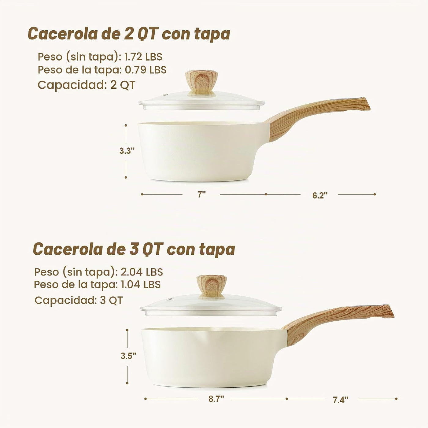 SENSARTE Juego de sartenes de cerámica de 2.0 y 3.0 cuartos de galó...