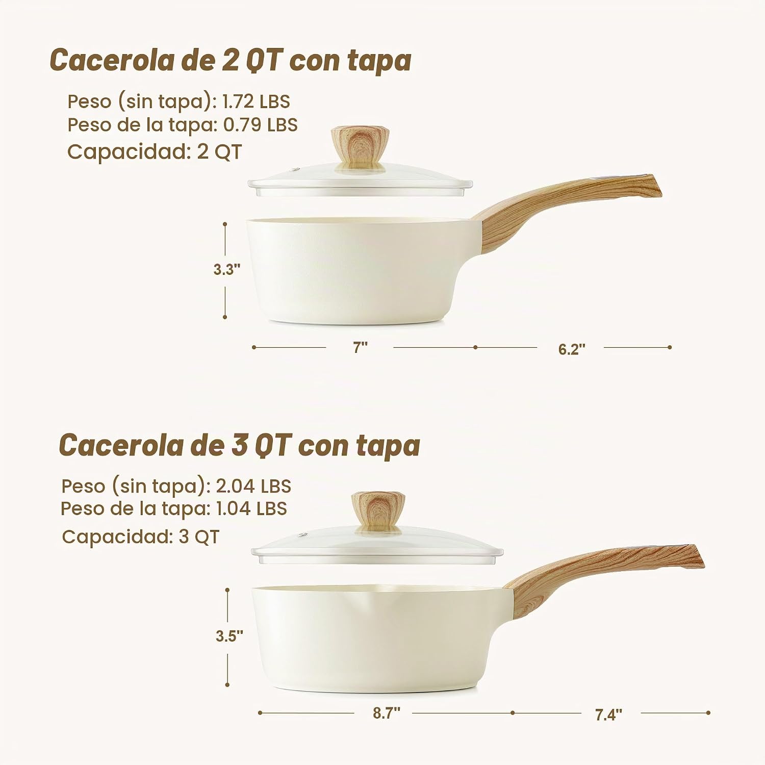SENSARTE Juego de sartenes de cerámica de 2.0 y 3.0 cuartos de galó...