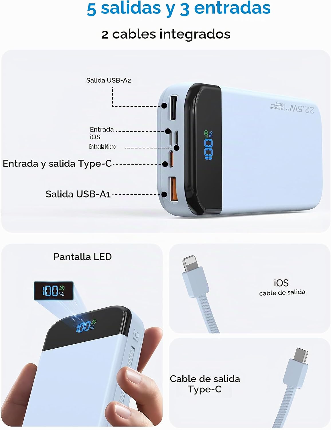 Banco de baterías para teléfono 32000 mAh 22,5 W con cables integra...