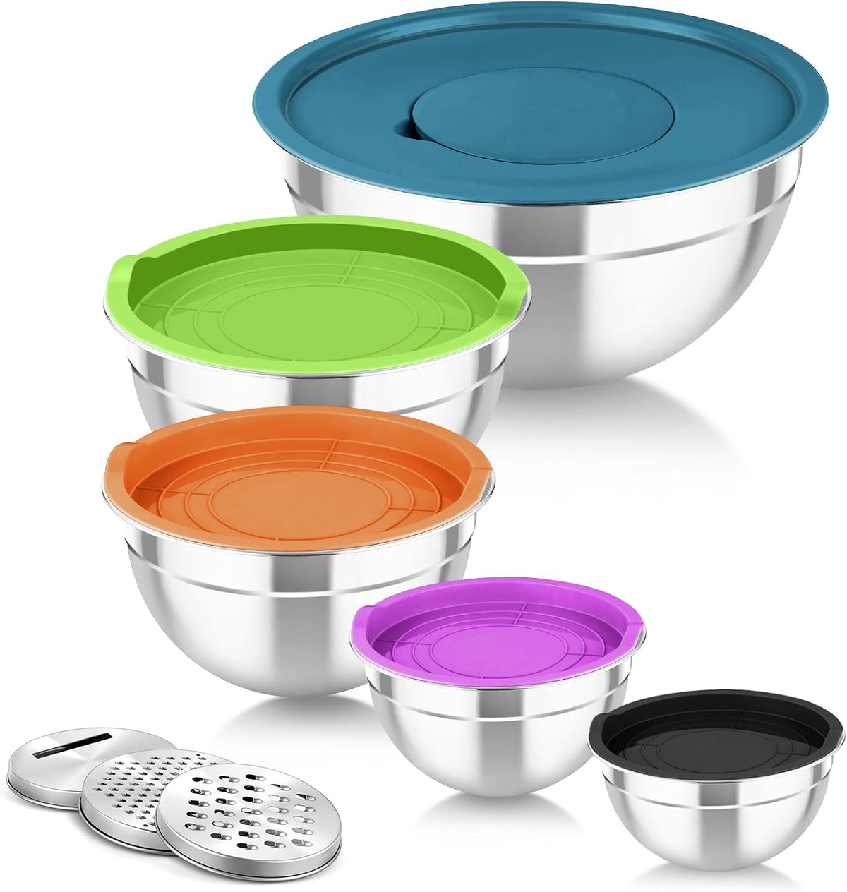 TeamFar - Juego de cuencos para mezclar con tapas, 5 piezas de acer...