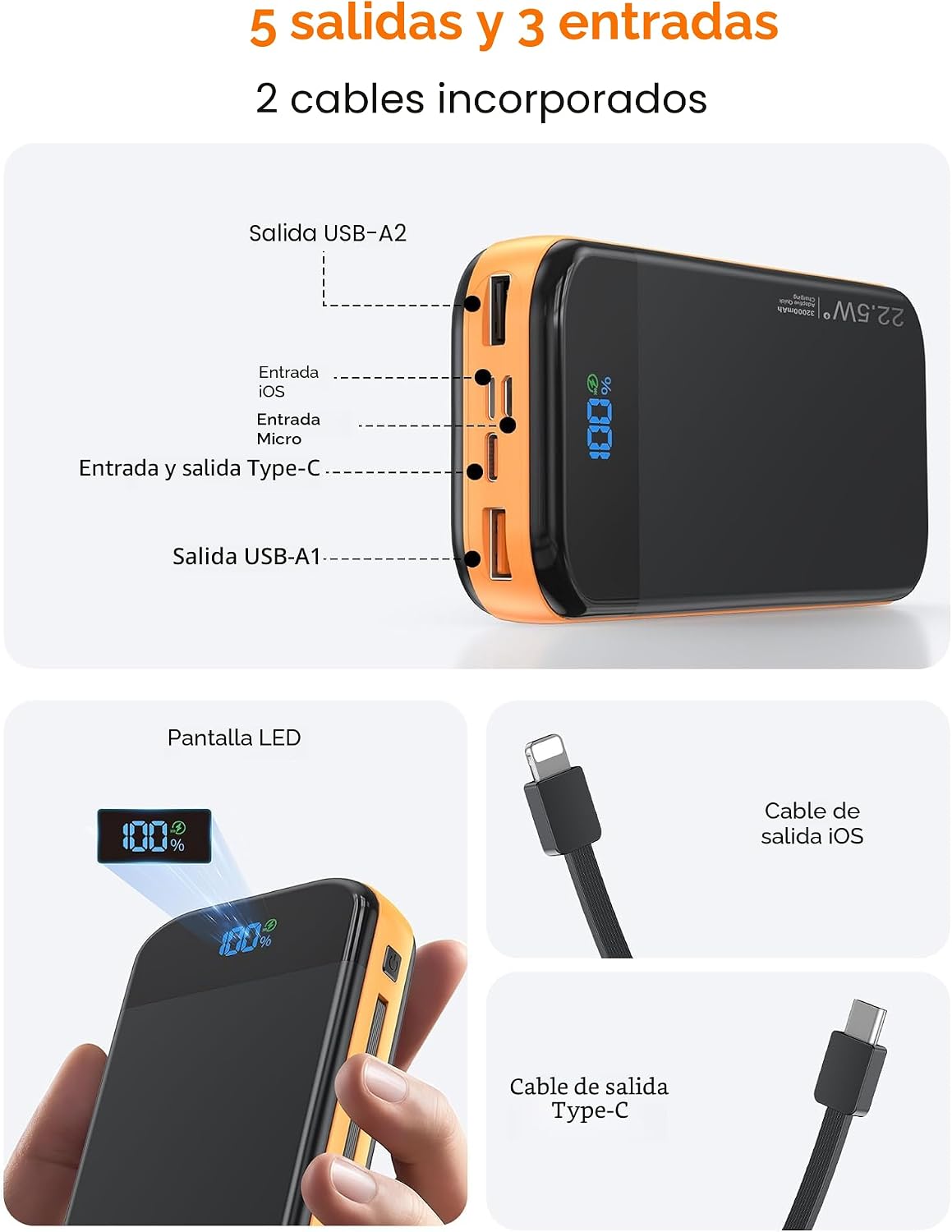 Banco de baterías para teléfono 32000mAh 22.5W con cables incorpora...