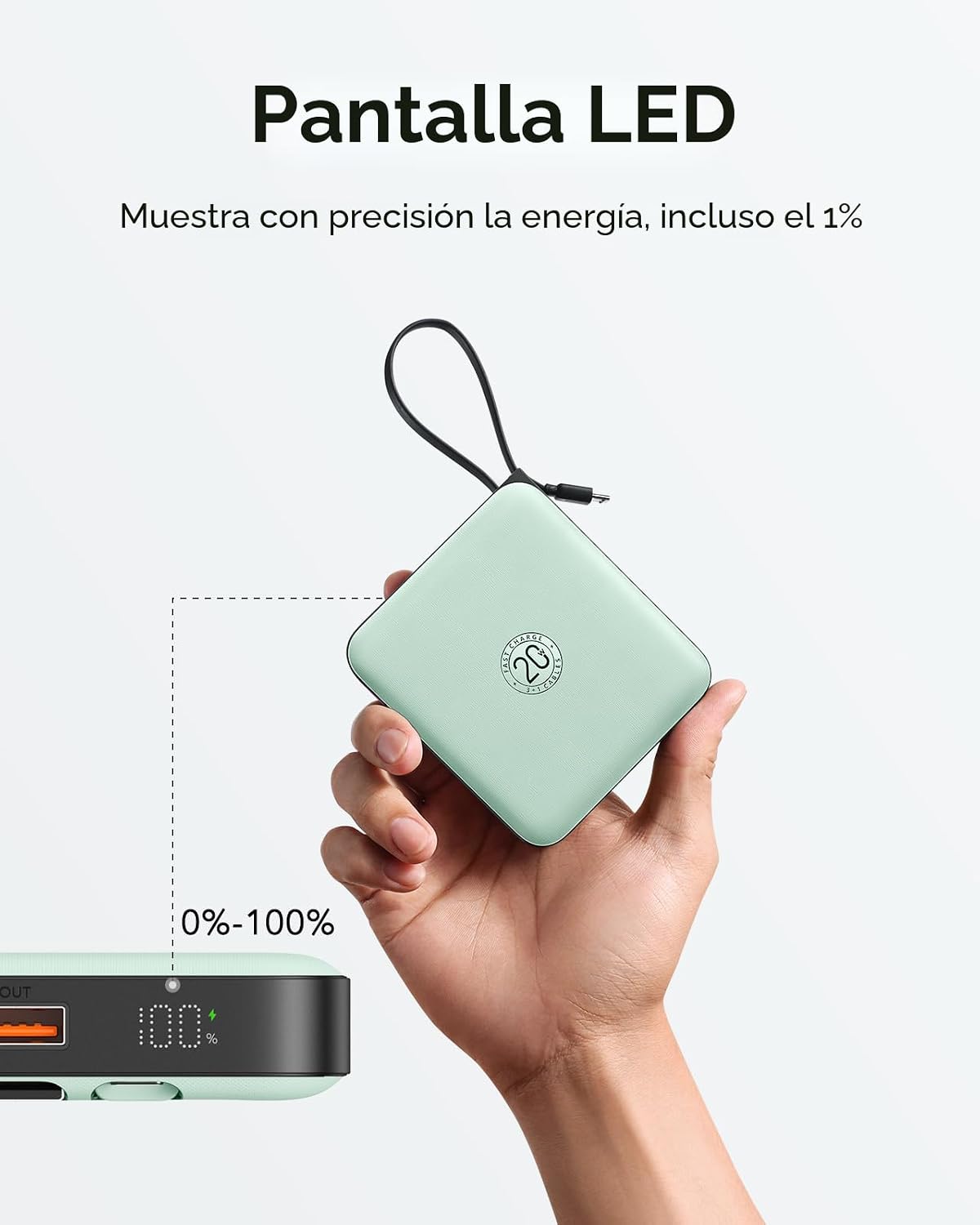 VRURC Cargador portátil con cable incorporado, batería USB C de car...