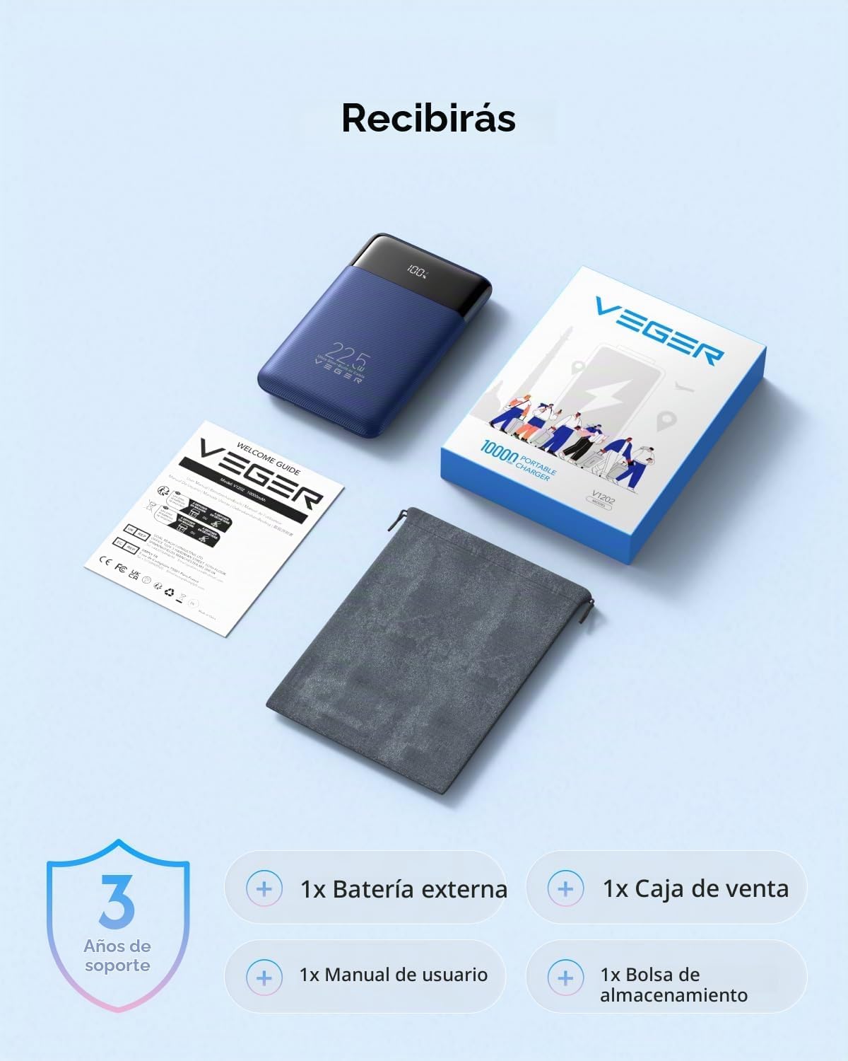 VEGER Cargador portátil de carga rápida de 10000mAh 0.4lb con cable...