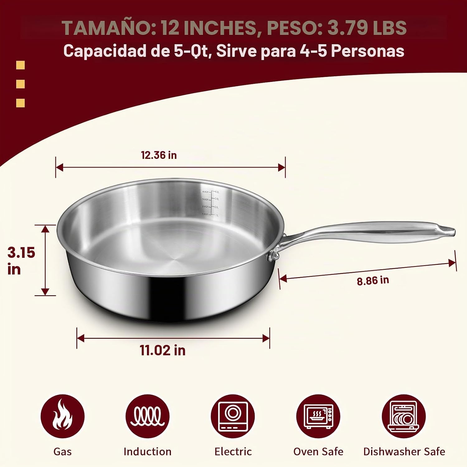 EWFEN Sartén de Acero Inoxidable de Tres Capas de 12 Pulgadas, Sart...