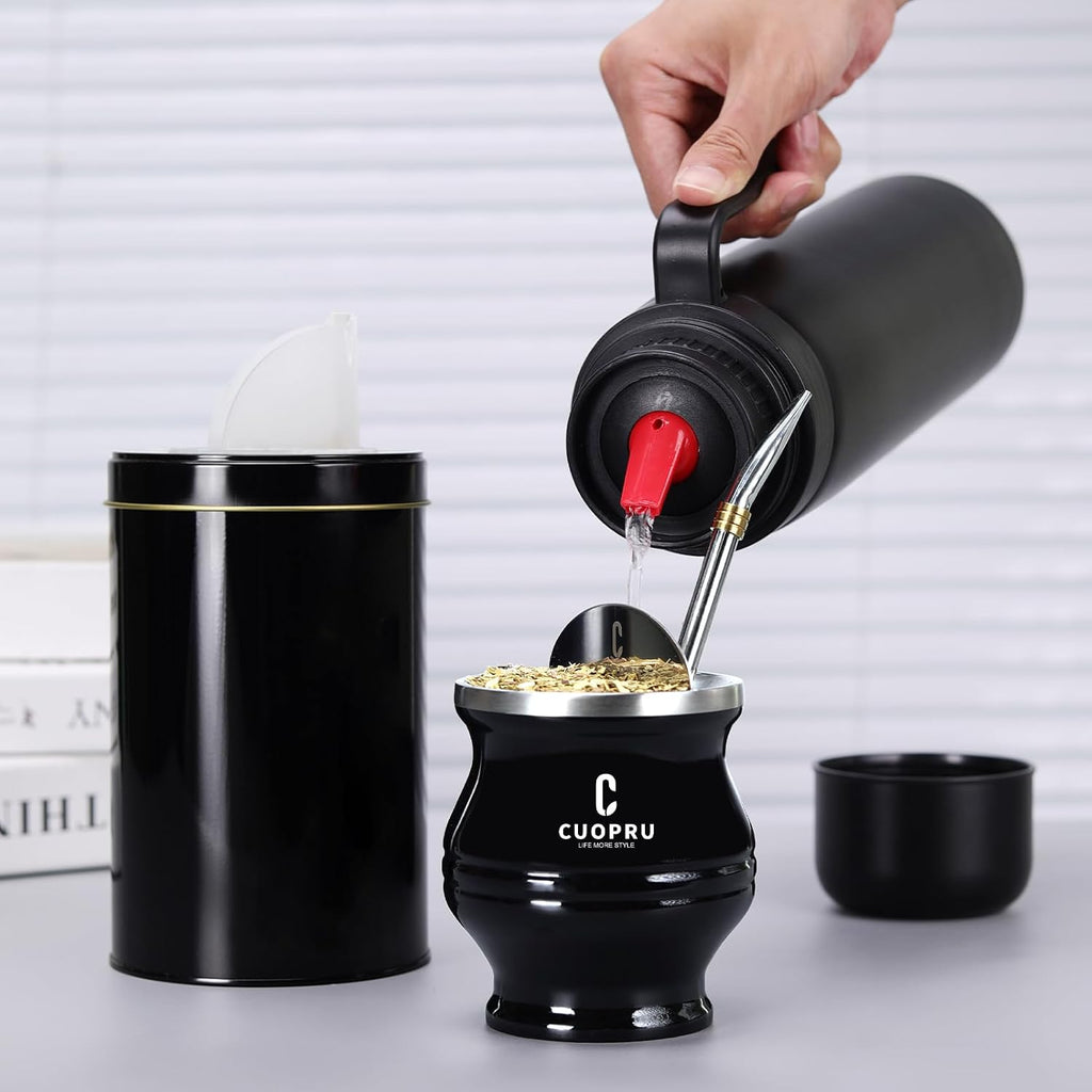 uopru Kit de yerba mate de acero inoxidable premium, calabaza, botella aislada de 33.8 onzas, recipiente, bombilla, cepillo de limpieza, juego de filtros de té, negro mate