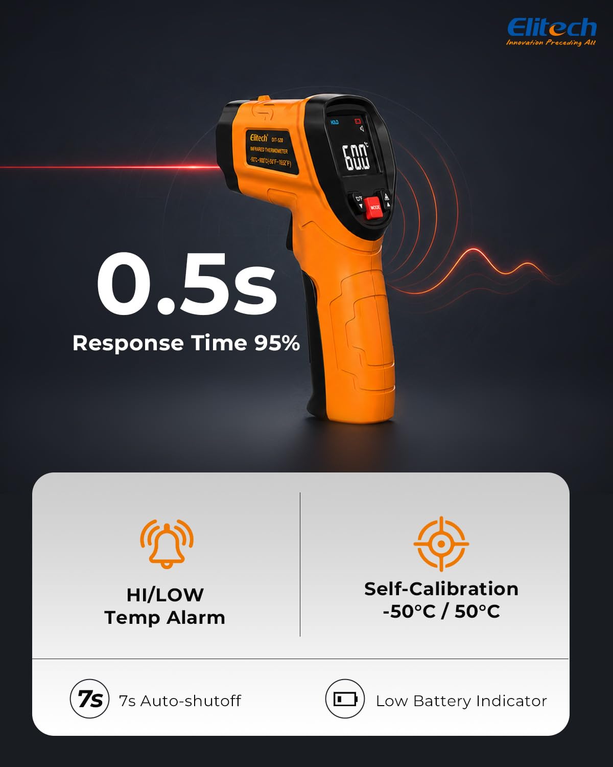 Elitech DIT\u2011520 Pistola de temperatura láser 1652 °F, 900 °C T...