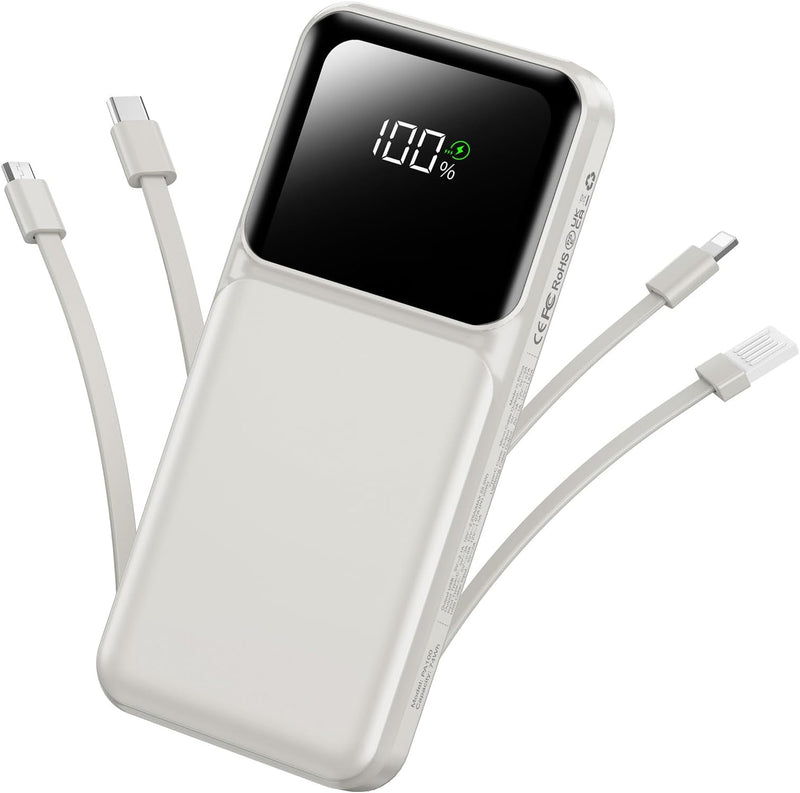 Cargador portátil con cable integrado de 20000 mAh - Pantalla LED U...