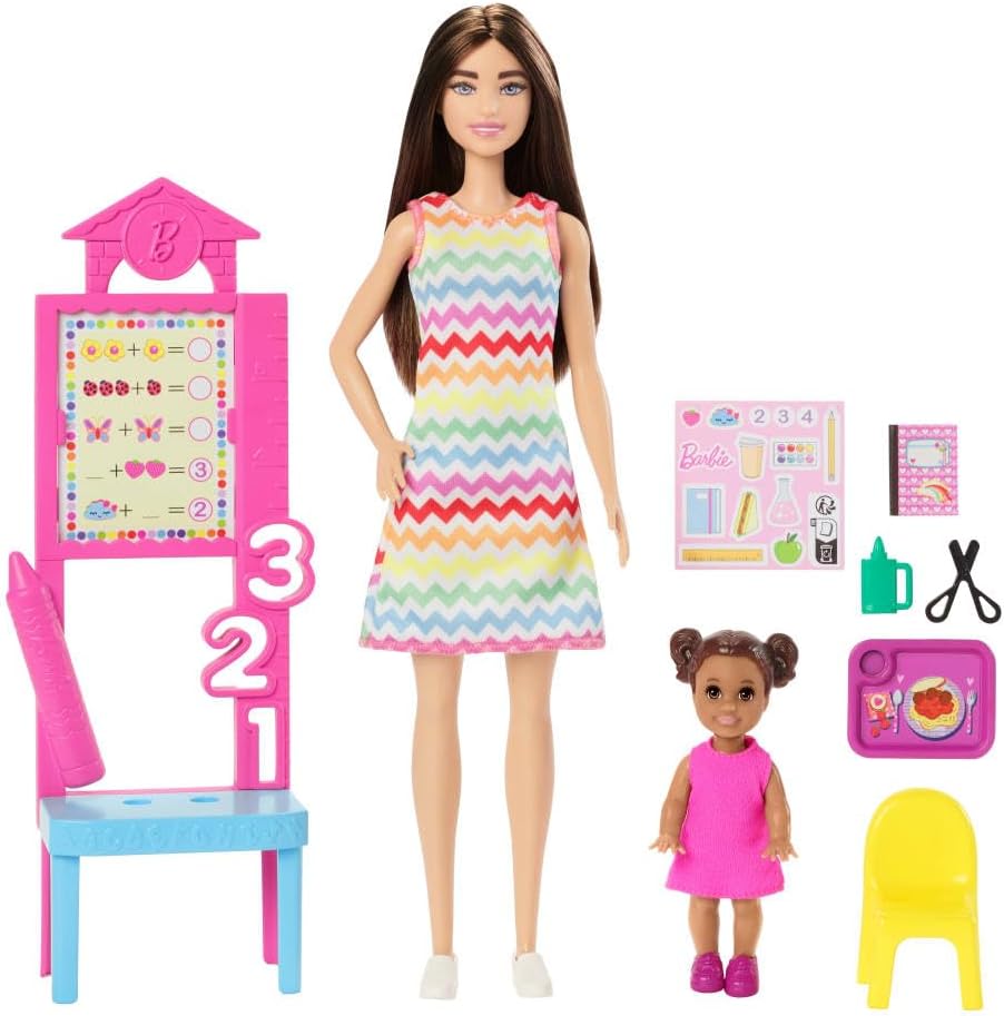 Barbie Maestra con muñeca morena a la moda con vestido estampado, 1...