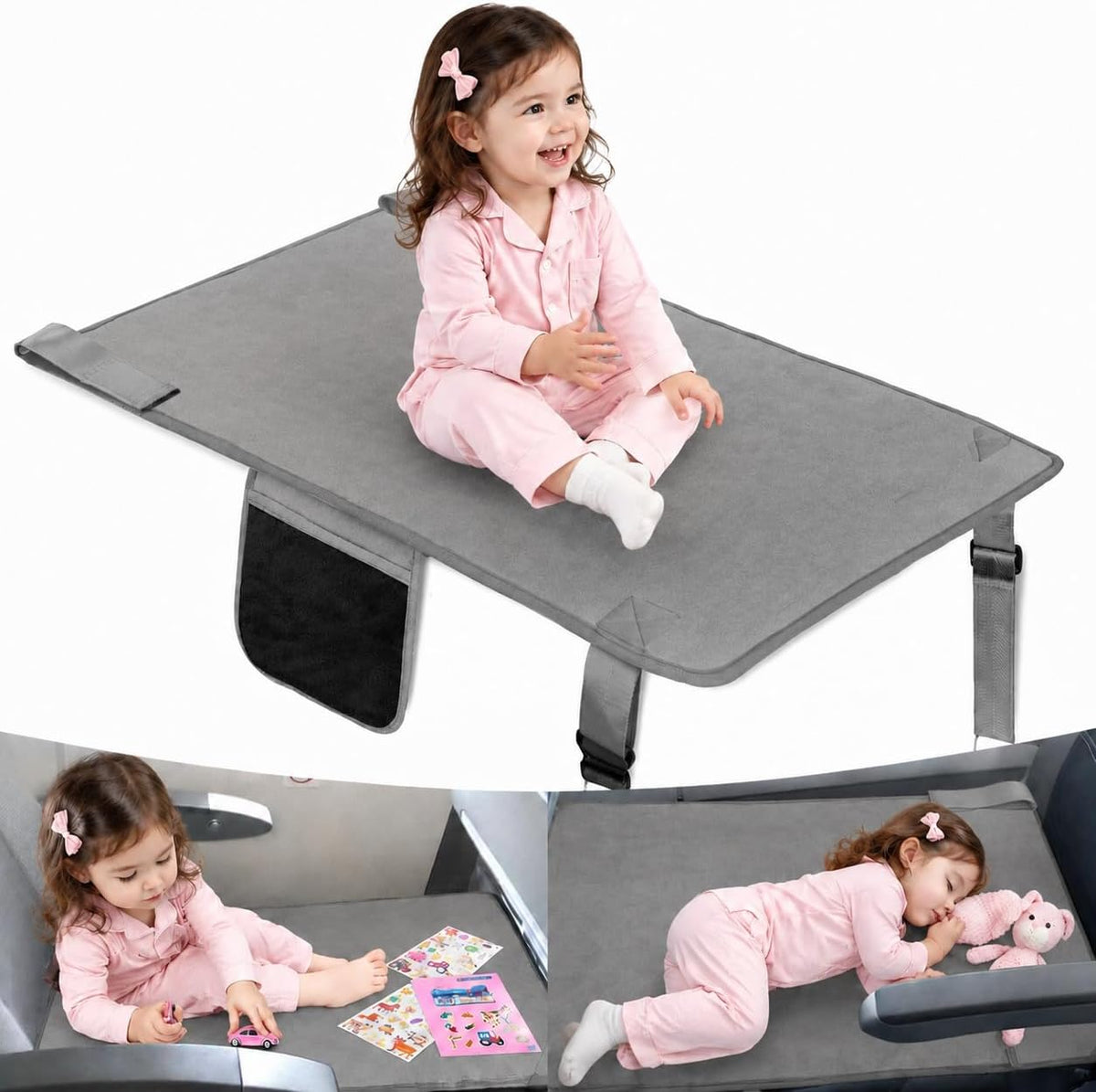 Cama de avión gris para niños pequeños, portátil, extensor de asien...