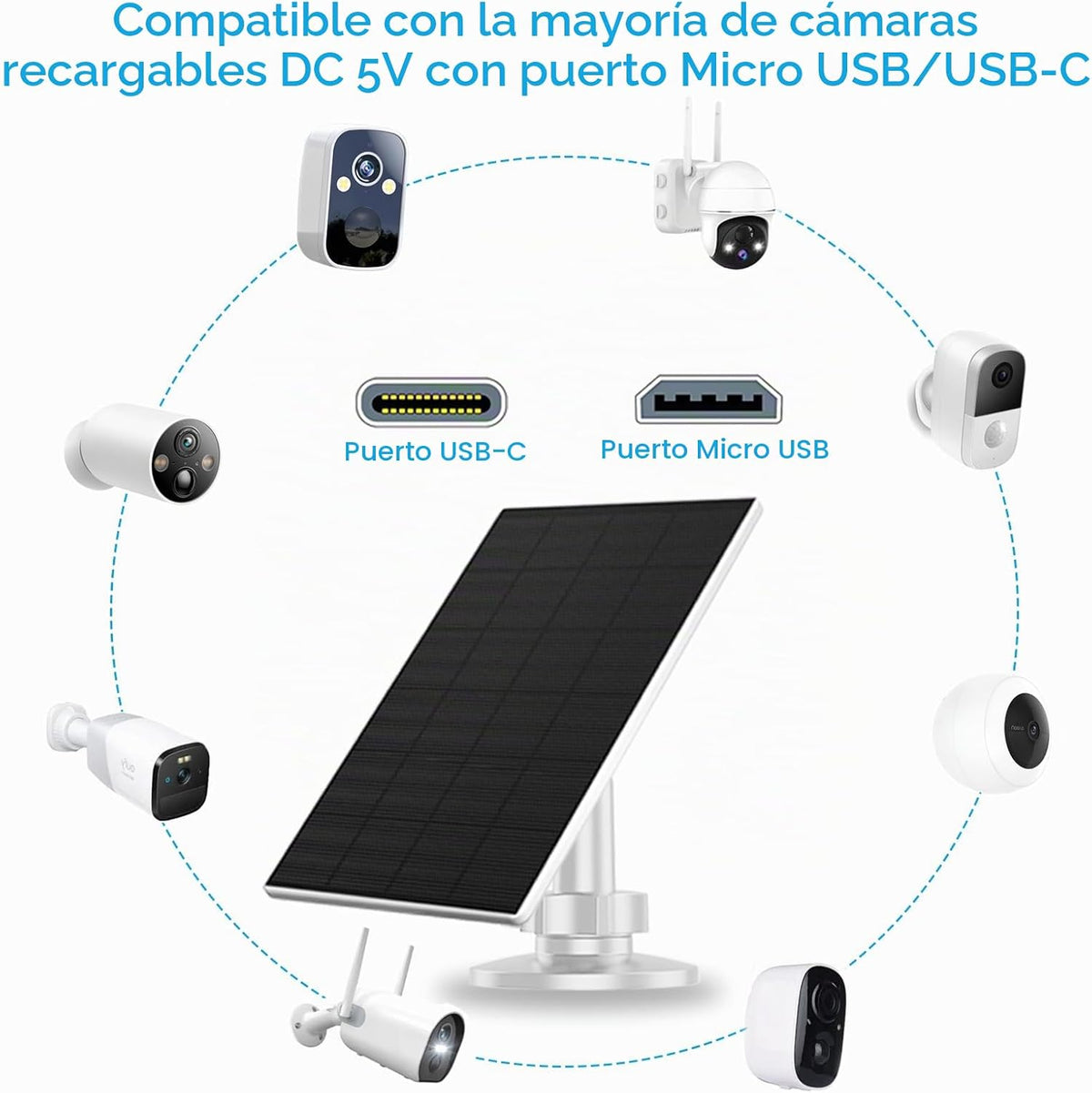 VUEBEE Panel solar de 2 W para cámaras de seguridad, USB-C\/Micro U...