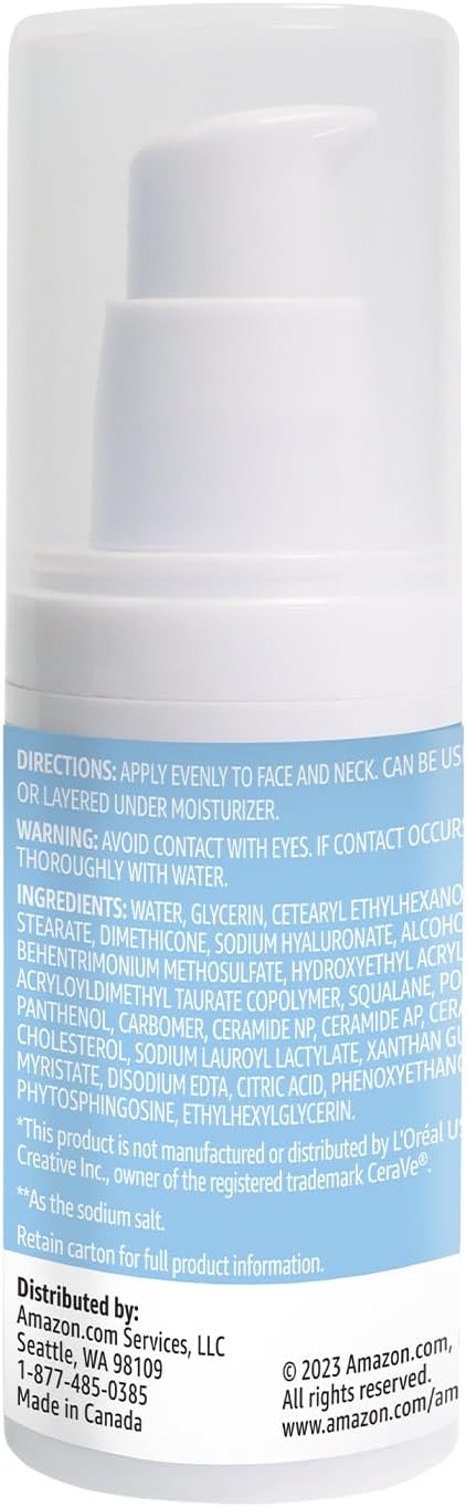 Amazon Basics Suero hidratante de ácido hialurónico con ceramidas e...