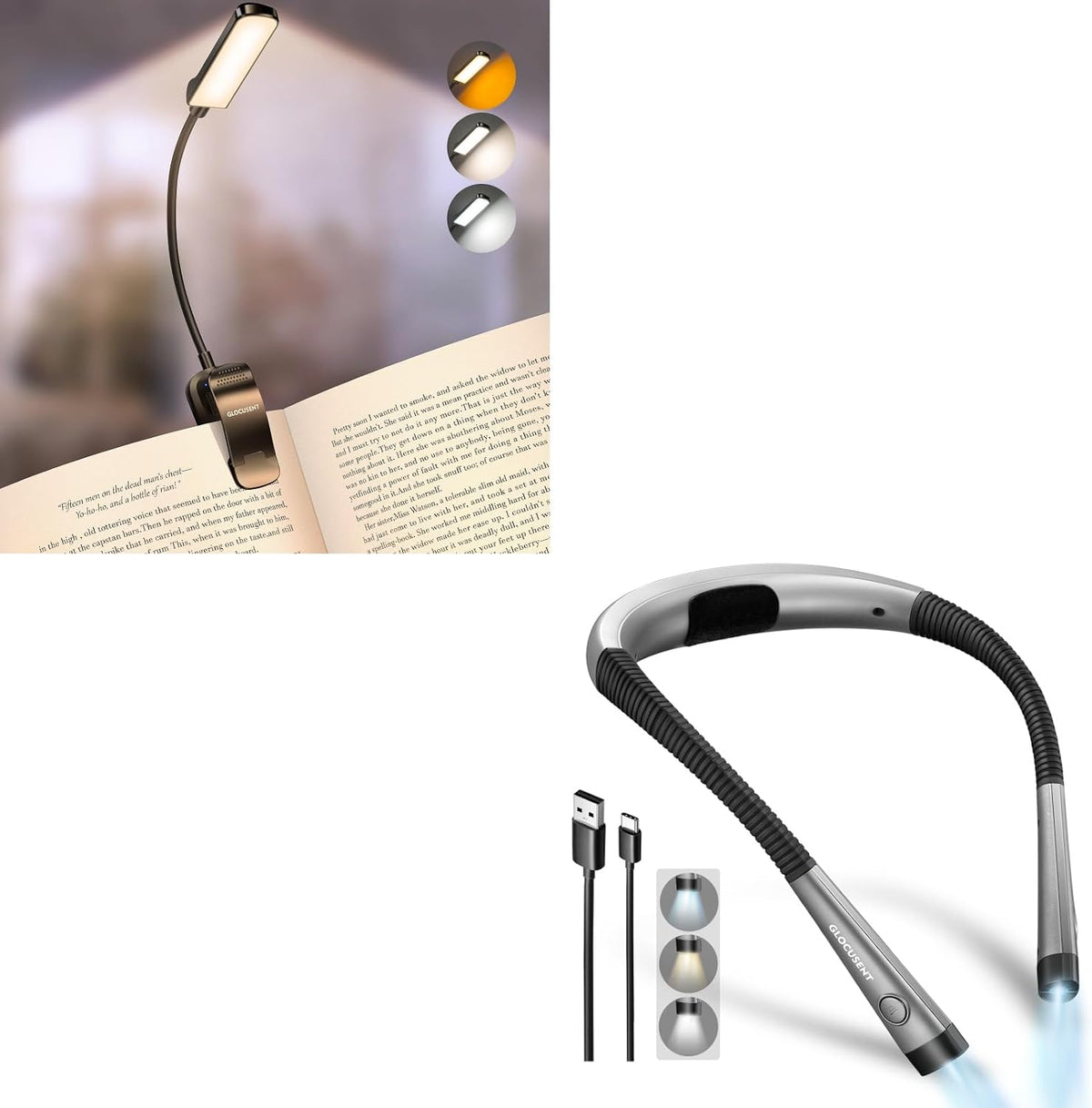 Glocusent Paquete de luz de cuello flexible y luz de lectura recarg...