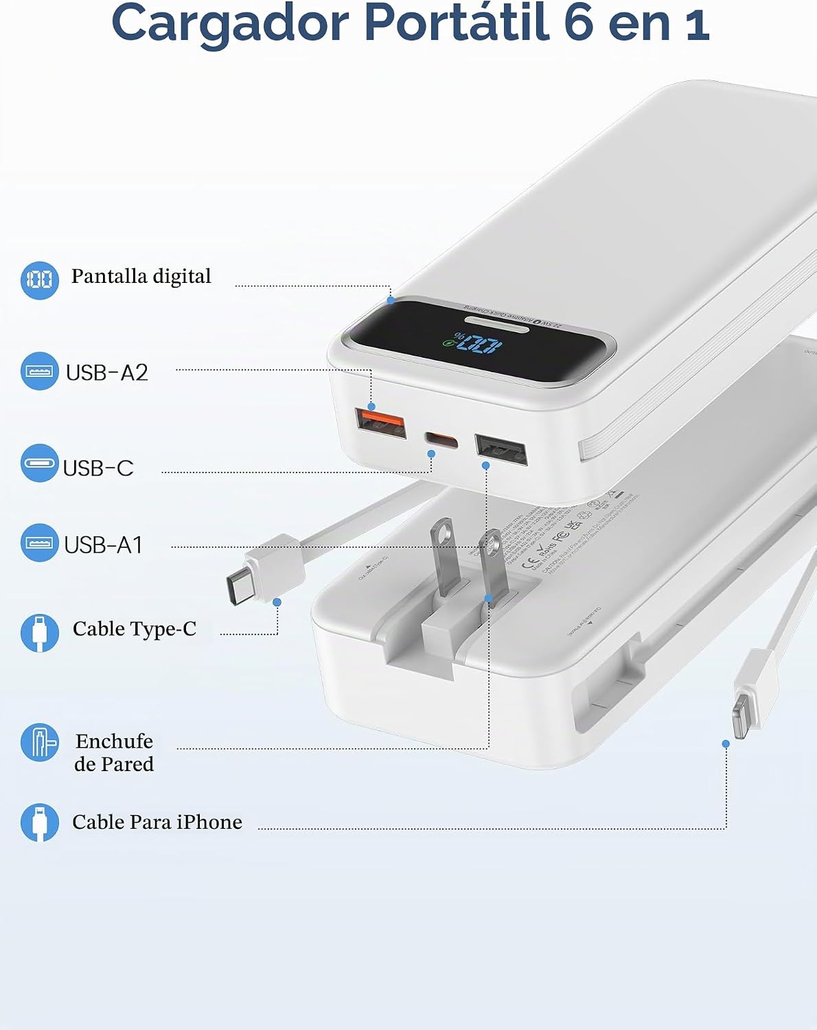 aonidi Cargador portátil de 20000 mAh con cables incorporados y enc...