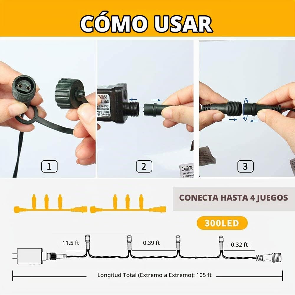 VTECHOLOGY: Cadena de 300 luces LED para árbol de Navidad de 105 pi...