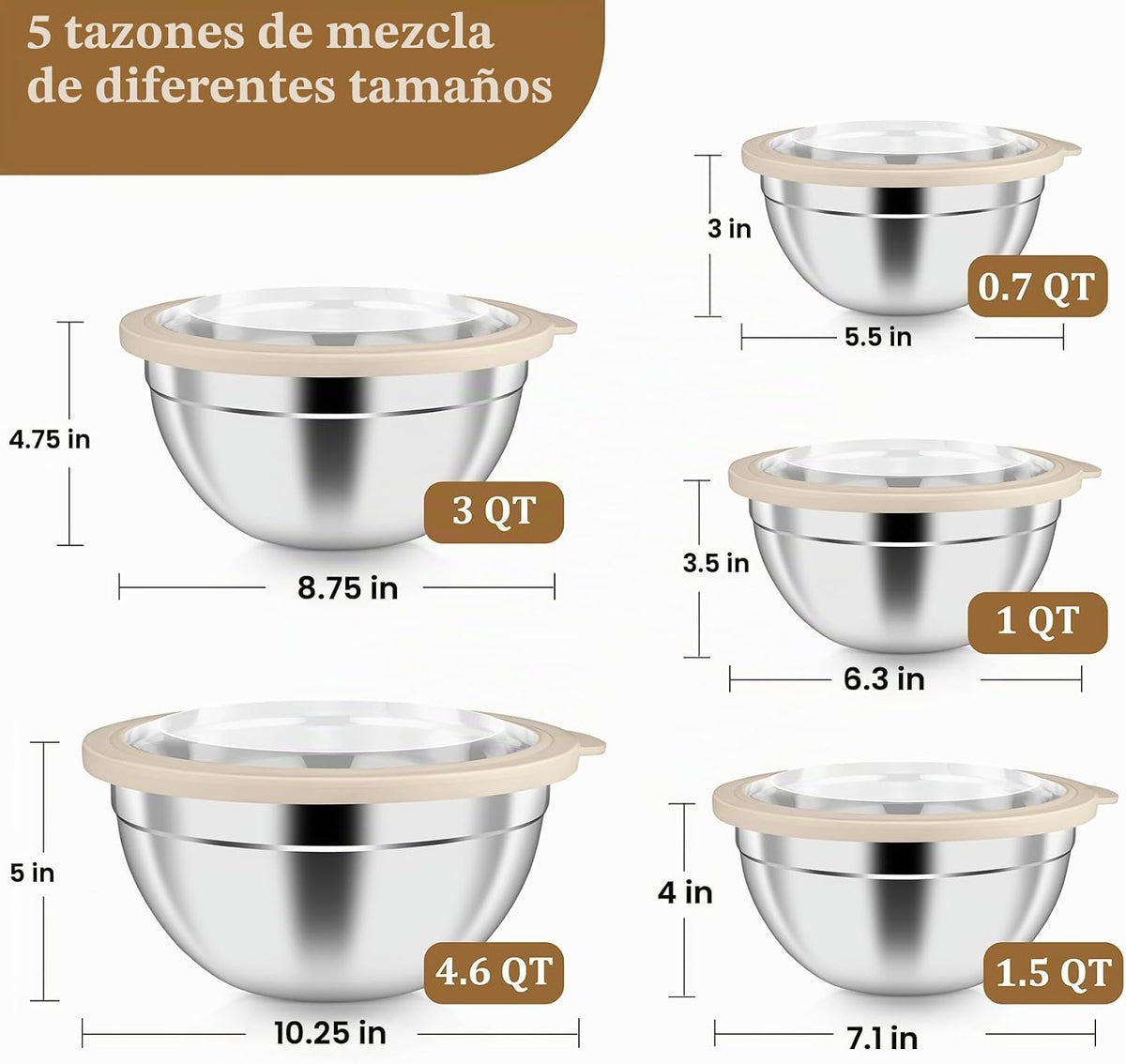 P&amp;P CHEF - Juego de tazones de metal con tapas, tapas hermética...