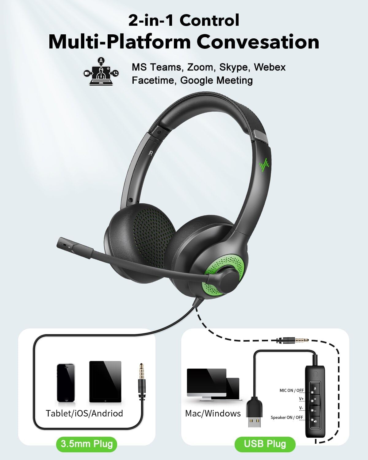 Auriculares USB JIAMQISHI con micrófono para PC, auriculares de com...