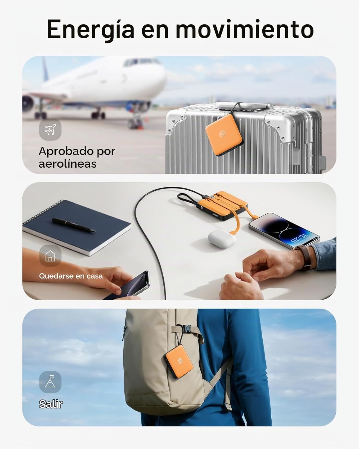 Cargador portátil cables incorporados, banco de energía de carga rá...