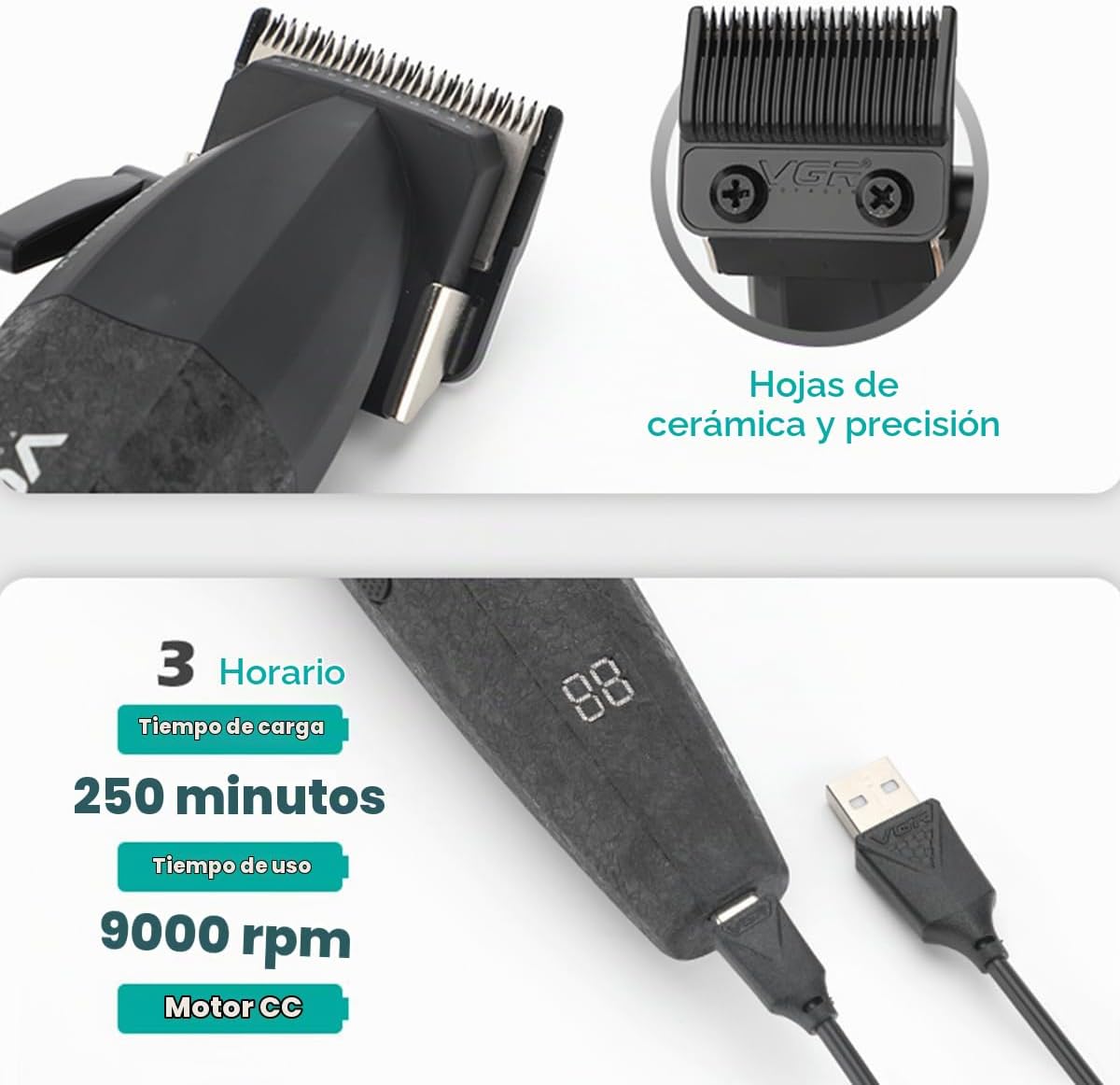 VGR 640S3 Kit Profesional de Corte de Cabello 3 en 1, 9000RPM Corta...