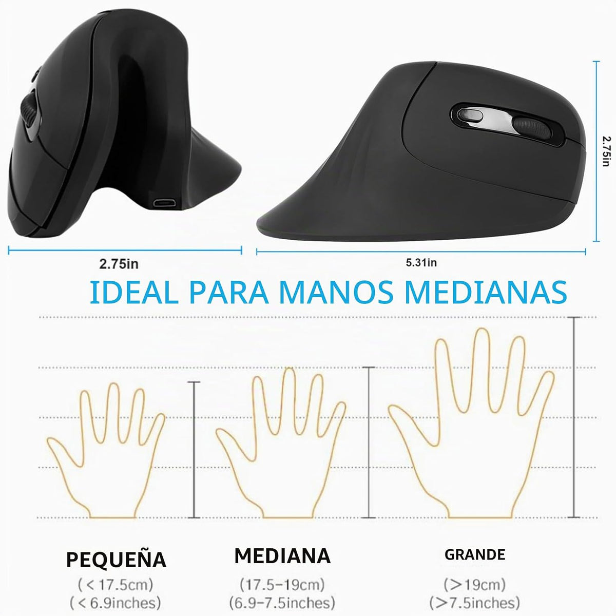 Ratón ergonómico inalámbrico, mouse Ergo vertical, recargable 2.4G...