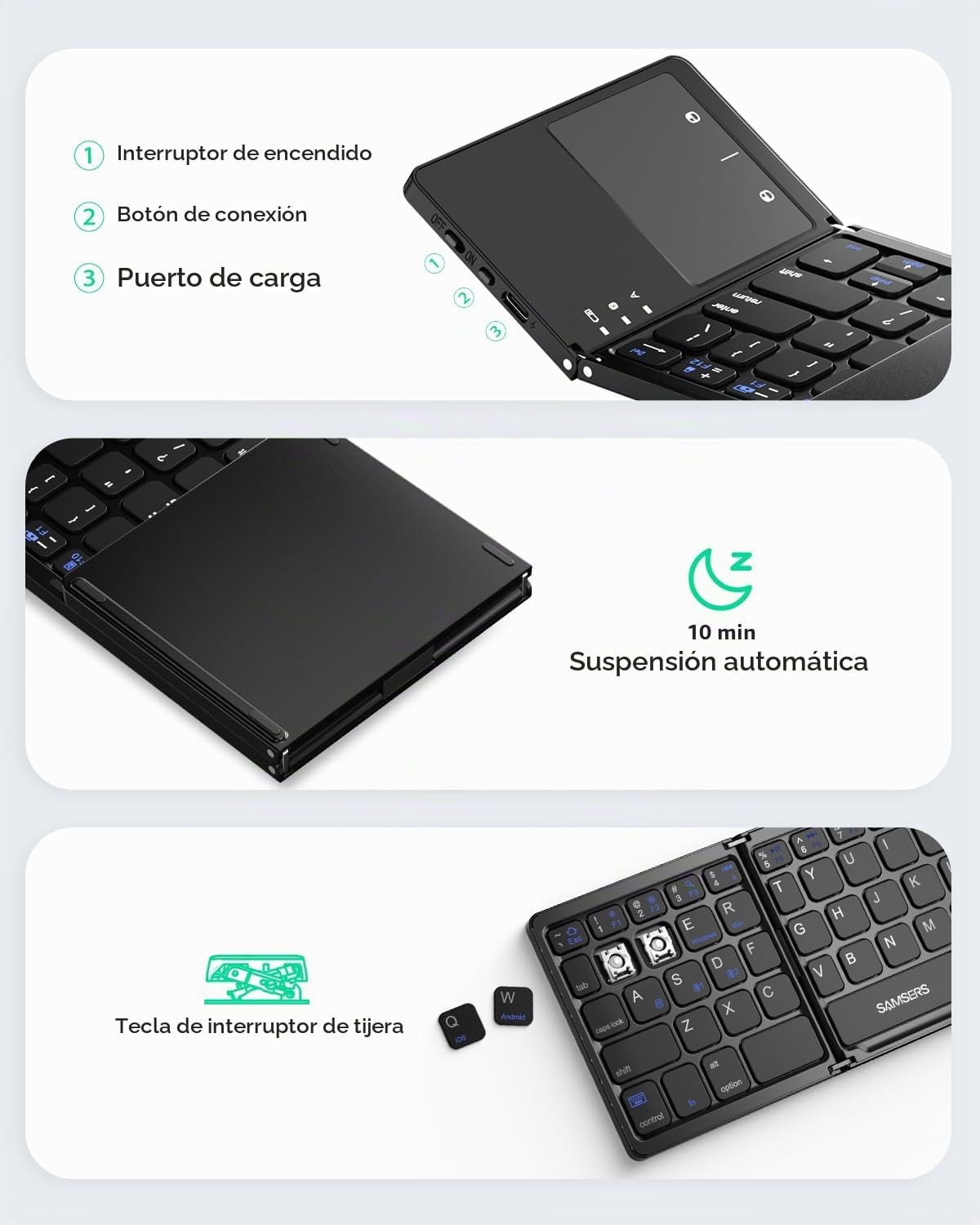 Samsers - Teclado plegable Bluetooth multidispositivo con touchpad,...